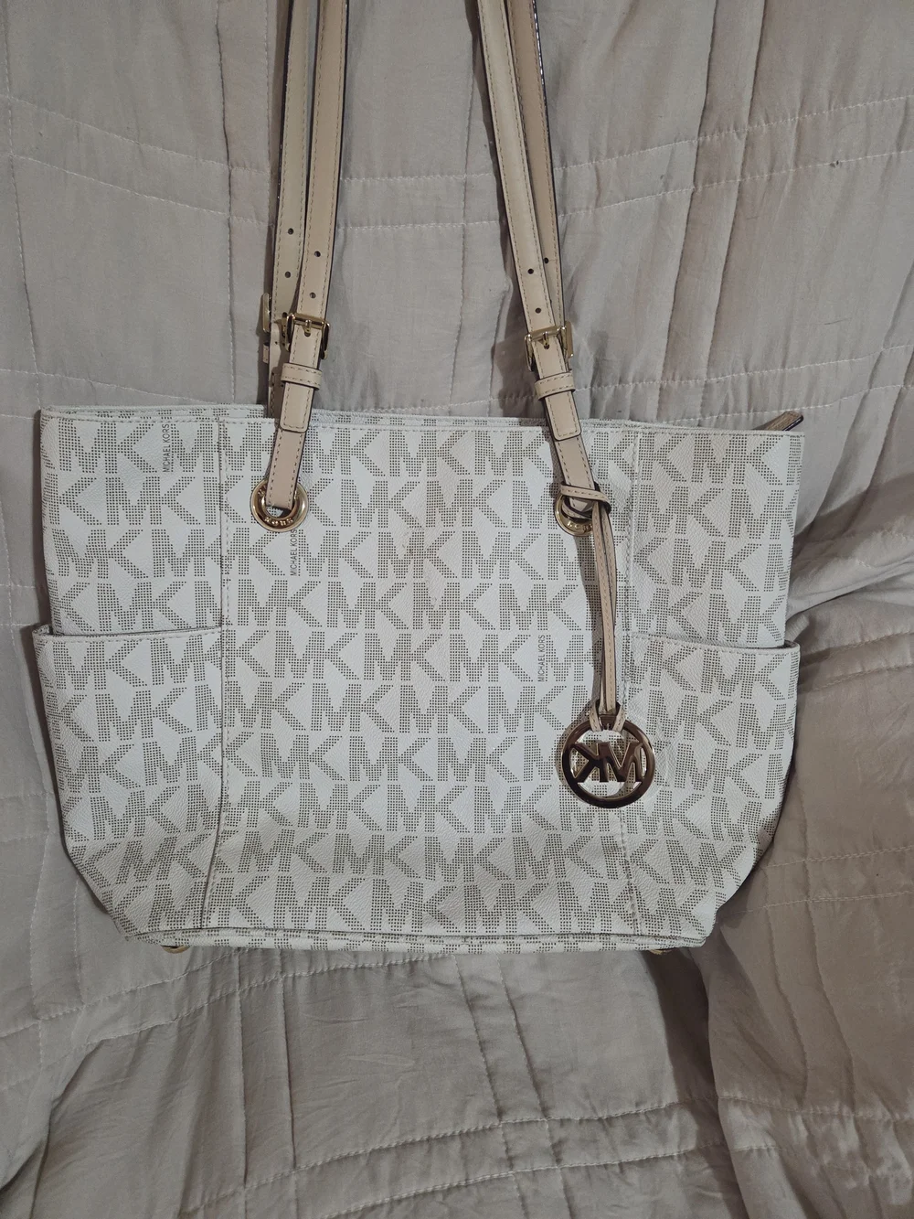 Michael Kors Cream and Beige MK Logo Tote with Gold-Tone Charm